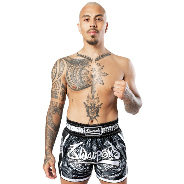 8 Weapons Muay Thai Shorts 8 Weapons Shorts Carbon Sak Yant Tigers Black