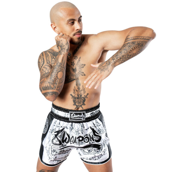 8 Weapons Muay Thai Shorts 8 Weapons Shorts Carbon Sak Yant Tigers White