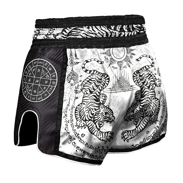 8 Weapons Muay Thai Shorts 8 Weapons Shorts Carbon Sak Yant Tigers White
