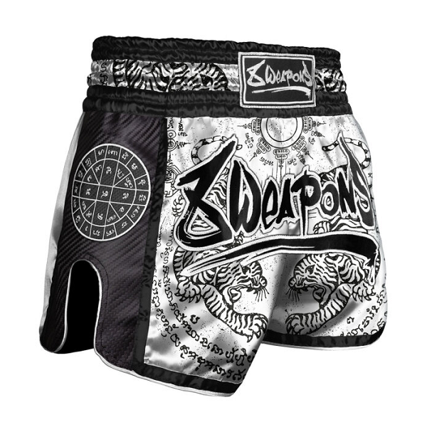 8 Weapons Muay Thai Shorts 8 Weapons Shorts Carbon Sak Yant Tigers White