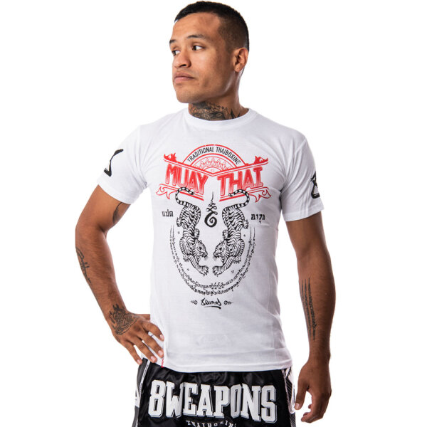 8 Weapons Muay Thai T Shirts 8 Weapons T-Shirt Sak Yant Tigers White