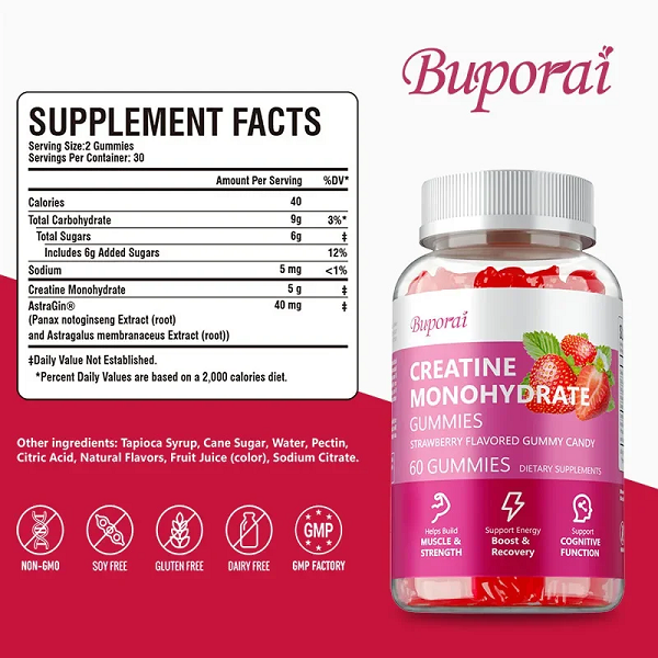 Buporai Supplements Buporai Monohydrate Creatine Gummies Strawberry 60