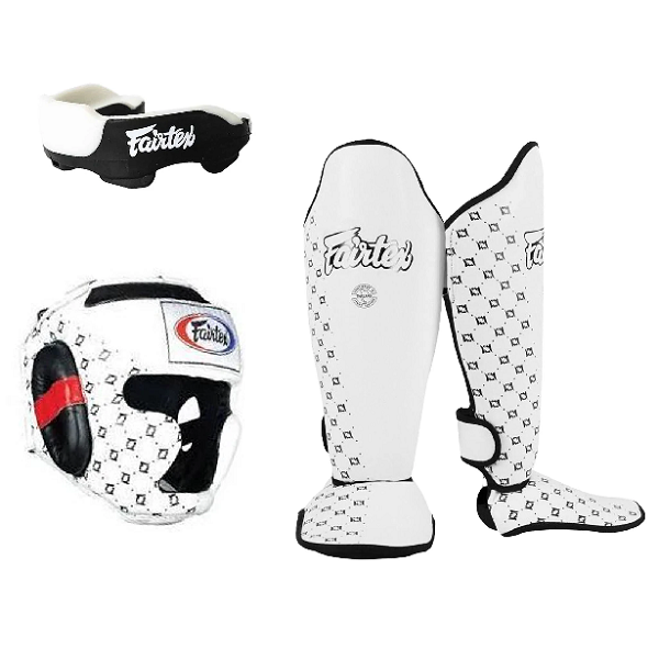 Fairtex Fairtex Head Gear HG10 + Shin Pads Sp5 + Gel Mouthguard MG3 Combo