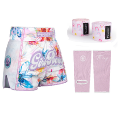 Fluory Muay Thai Combo Fluory Girl Power Floral Shorts + Ankle Supports +Pink Rainbow Handwraps Combo