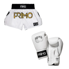 Primo Fightwear Combo Primo Emblem 2.0 Gloves + Muay Thai Shorts Melrose OG White Gold Combo