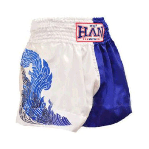 Han Muay Thai shorts - Fire of War 2 - White Blue - The Fight Factory