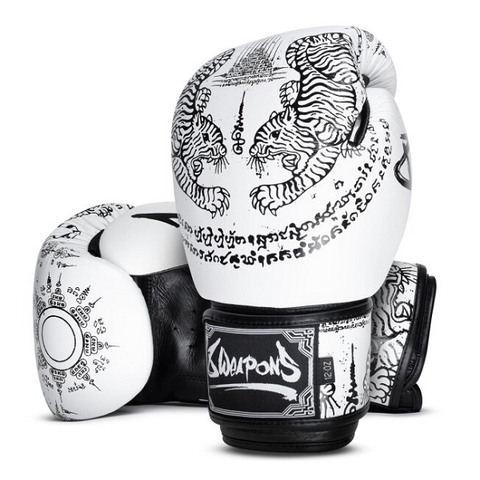 8 Weapons Boxing Gloves 8 Weapons Boxing Gloves Sak Yant Tigers White-Black