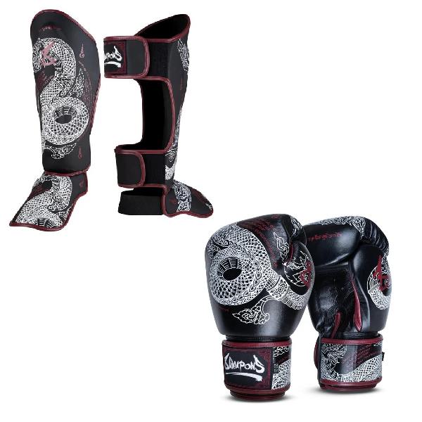 8 Weapons Gloves Sak Yant Naga + Shin Guards Black-Maroon Combo