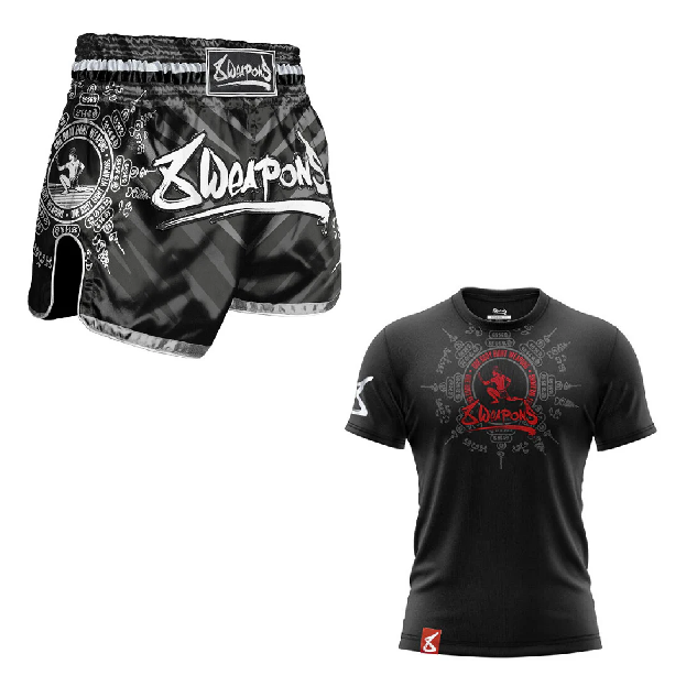 8 Weapons Muay Thai Shorts 8 Ways Yant + T-Shirt Black Combo
