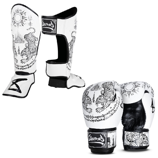 8 Weapons Sak Yant Tigers White Gloves + Shin Guard Combo