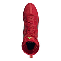 A high-top red athletic shoe shown from a top-down view against a light gray background.