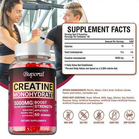 Buporai Supplements 3 Bottles Buporai Monohydrate Creatine Gummies Apple 60