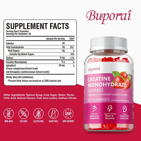 Buporai Supplements 3 Bottles Buporai Monohydrate Creatine Gummies Strawberry 60