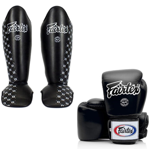 Fairtex BGV1 Boxing Gloves + SP5 Shinguard Combo - Black
