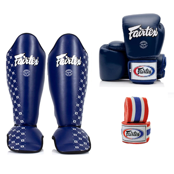 Fairtex BGV1 Boxing Gloves + SP5 Shinguard + Thai Handwrap Combo - Blue