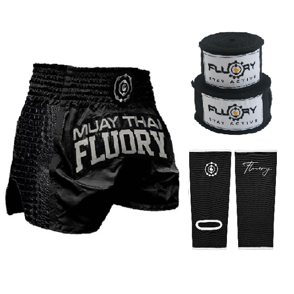 Fluory Muay Thai Combo Fluory Crocodile Shorts + Ankle Supports +Black Handwraps 5m Combo