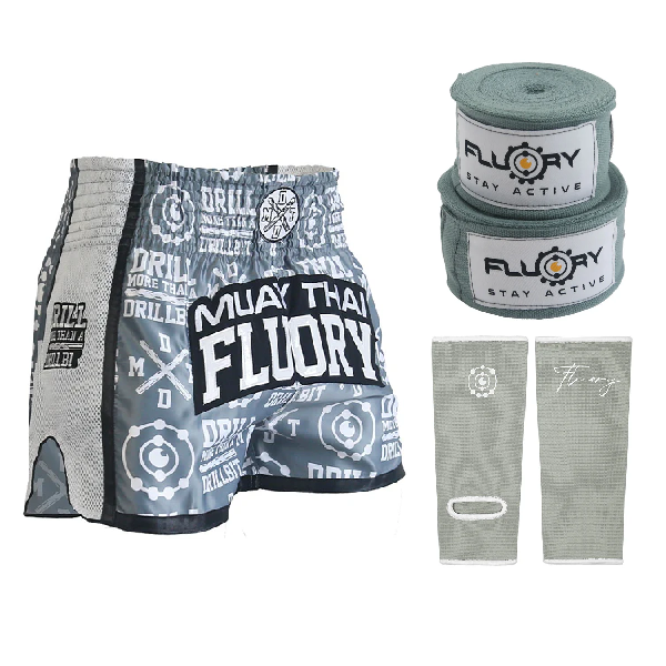 Fluory Muay Thai Combo Fluory Drill Shorts + Ankle Supports + Grey Handwraps 5m Combo