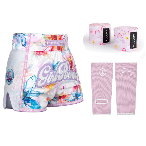 Fluory Girl Power Floral Shorts + Ankle Supports +Pink Rainbow Handwraps Combo
