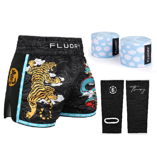 Fluory Tiger Shorts + Ankle Supports + Blue Clouds Handwraps 5m Combo