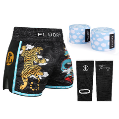 Fluory Muay Thai Combo Fluory Tiger Shorts + Ankle Supports + Blue Clouds Handwraps 5m Combo