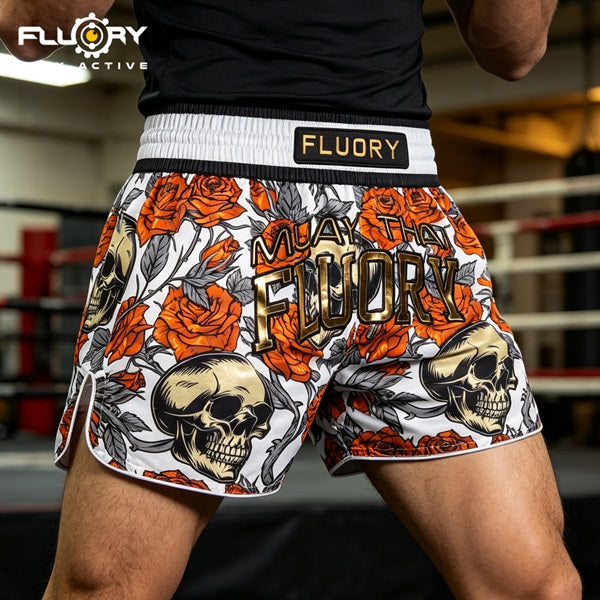 Fluory Muay Thai Muay Thai Shorts Fluory Death Bloom Muay Thai Shorts White