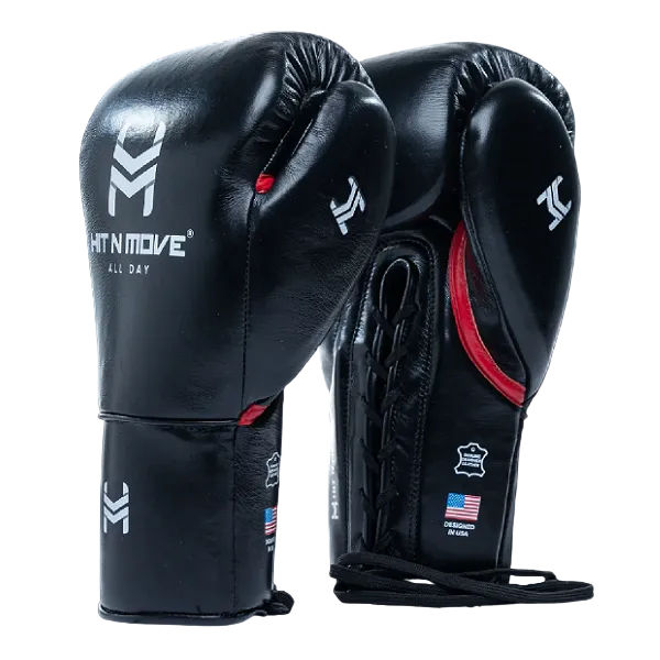 Hit N Move All Day Pro Agility Lace Up Boxing Gloves Black Metallic Red
