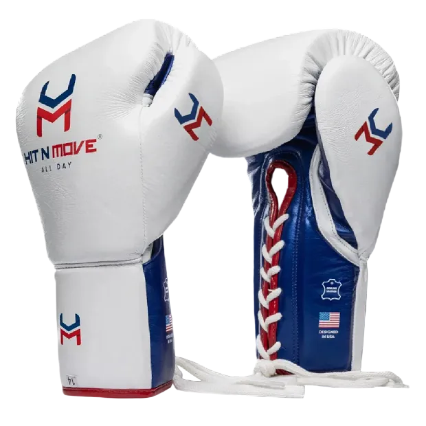 Hit N Move All Day Pro Balance Lace Up Boxing Gloves White Blue