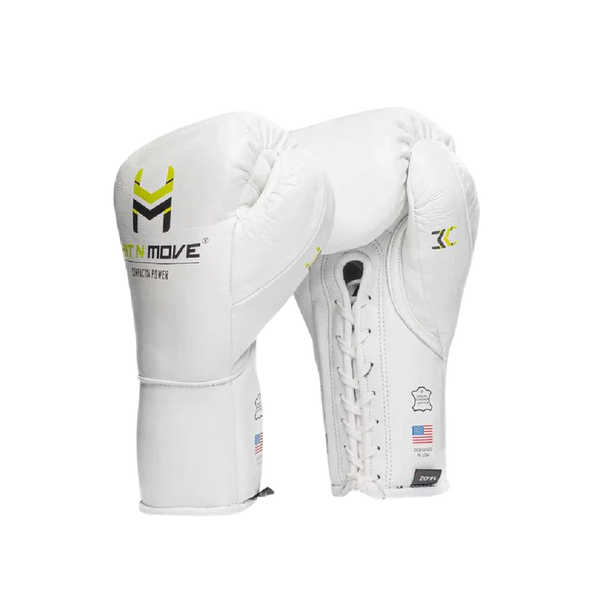 Hit N Move Boxing Gloves Lace Up Hit N Move Compact 14 OZ Conditioning Boxing Gloves White