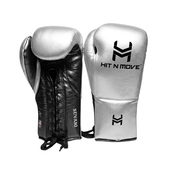 Hit N Move Boxing Gloves Lace Up Hit N Move Suvari Horse Hair Lace Up Boxing Gloves Silver/Black (H13X)