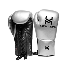 Hit N Move Boxing Gloves Lace Up Hit N Move Suvari Horse Hair Lace Up Boxing Gloves Silver/Black (H13X)