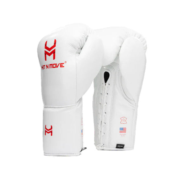 Hit N Move Boxing Gloves Lace Up Hit N Move Suvari Horse Hair Lace Up Boxing Gloves White/Red (H12X)