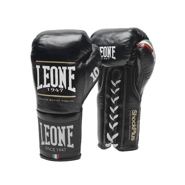 Leone 1947 Boxing Gloves 10oz Leone 1947 Shock Plus Boxing Gloves Lace Up Black