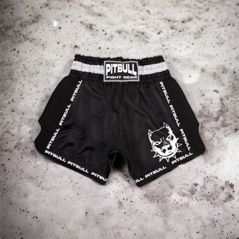 Pitbull Muay Thai Shorts Pitbull Kids Retro Muay Thai Shorts - Black/White