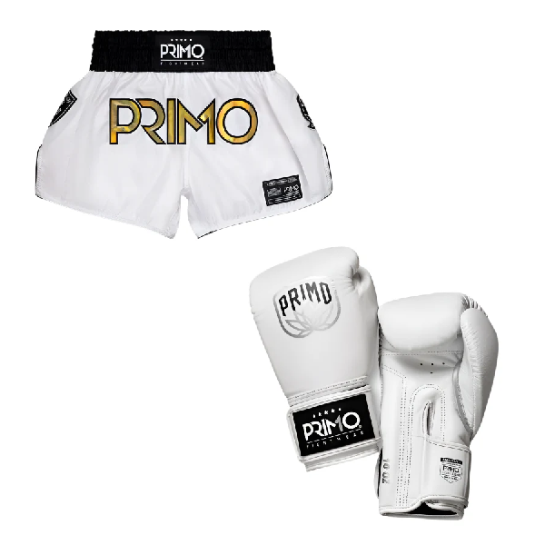 Primo Emblem 2.0 Gloves + Muay Thai Shorts Melrose OG White Gold Combo