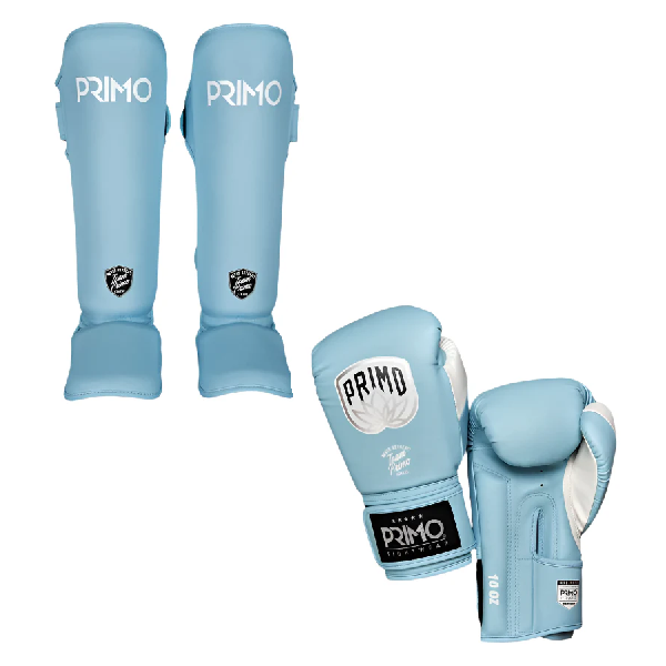 Primo Emblem 2.0 Semi Leather Glove + Classic Muay Thai Shinguard Arctic Blue Combo