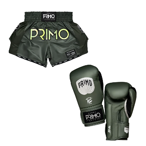 Primo Emblem 2.0 Semi Leather Gloves + Muay Thai Shorts Hologram Series Valor Green Combo