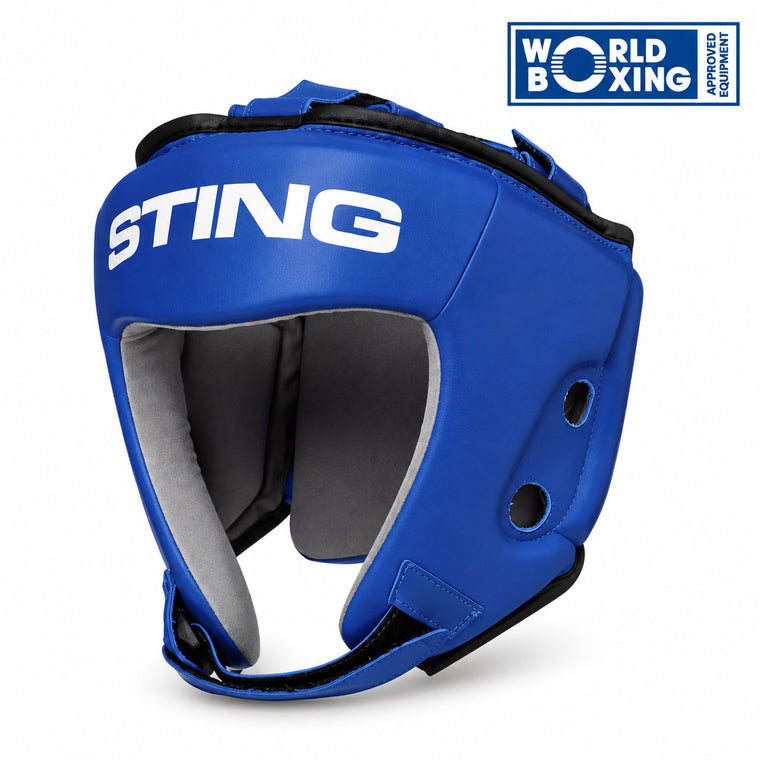 Sting World Boxing Competition Approved Open Face Head Guard Blue