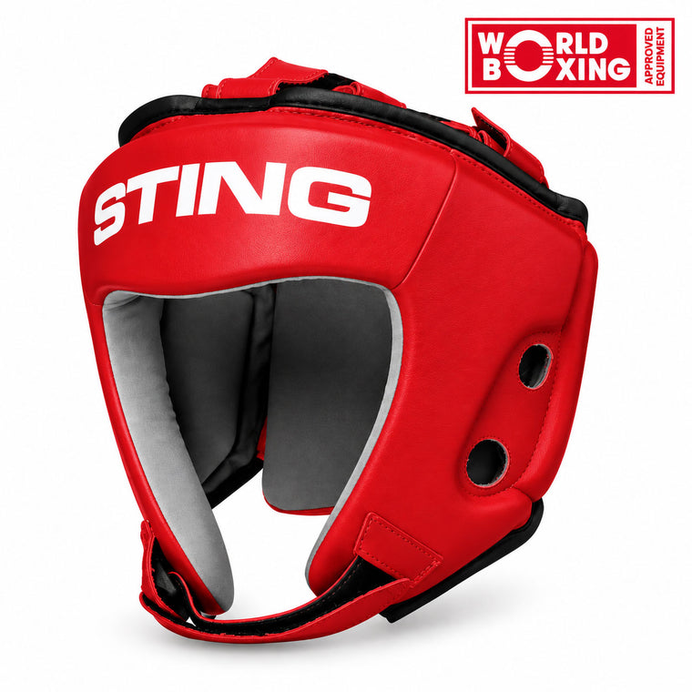 Sting World Boxing Competition Approved Open Face Head Guard Red