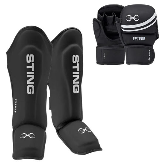 Sting Python MMA Sparring Gloves + Shinguards Combo - Black