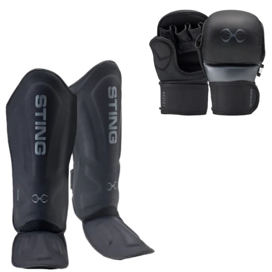 Sting Taipan MMA Sparring Gloves + Shinguards Combo - Black