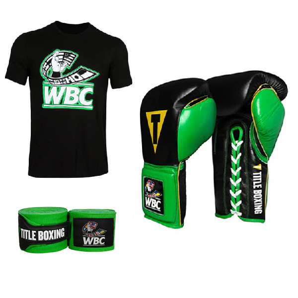 WBC Lace Up Boxing Gloves + Flag T Shirt + Hand Wraps Combo