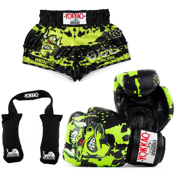 Yokkao Angry Bull Gloves + Muay Thai Shorts Black + Glove Deodorizers