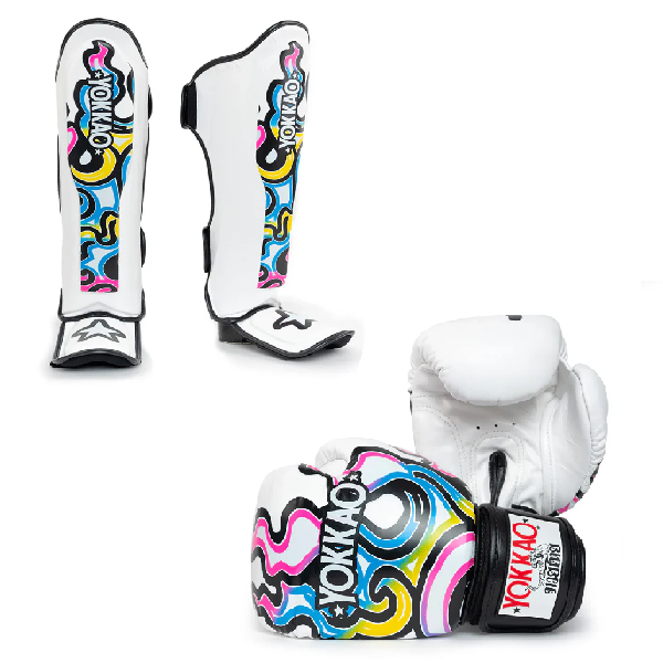 Yokkao Flames Boxing Gloves + Shinguards White Combo