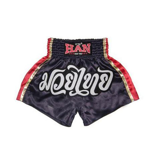 Han Muay Thai boxing shorts Black Red Gold - The Fight Factory