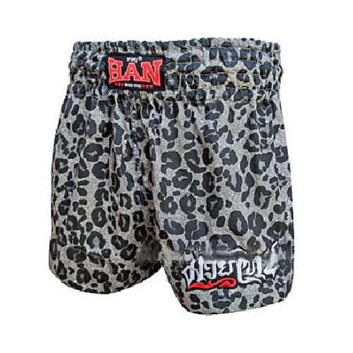 Han Muay Thai Shorts Black Grey Leopard - The Fight Factory