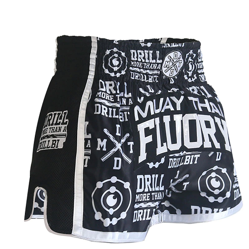 Fluory Drill Retro Muay Thai Shorts Black - The Fight Factory